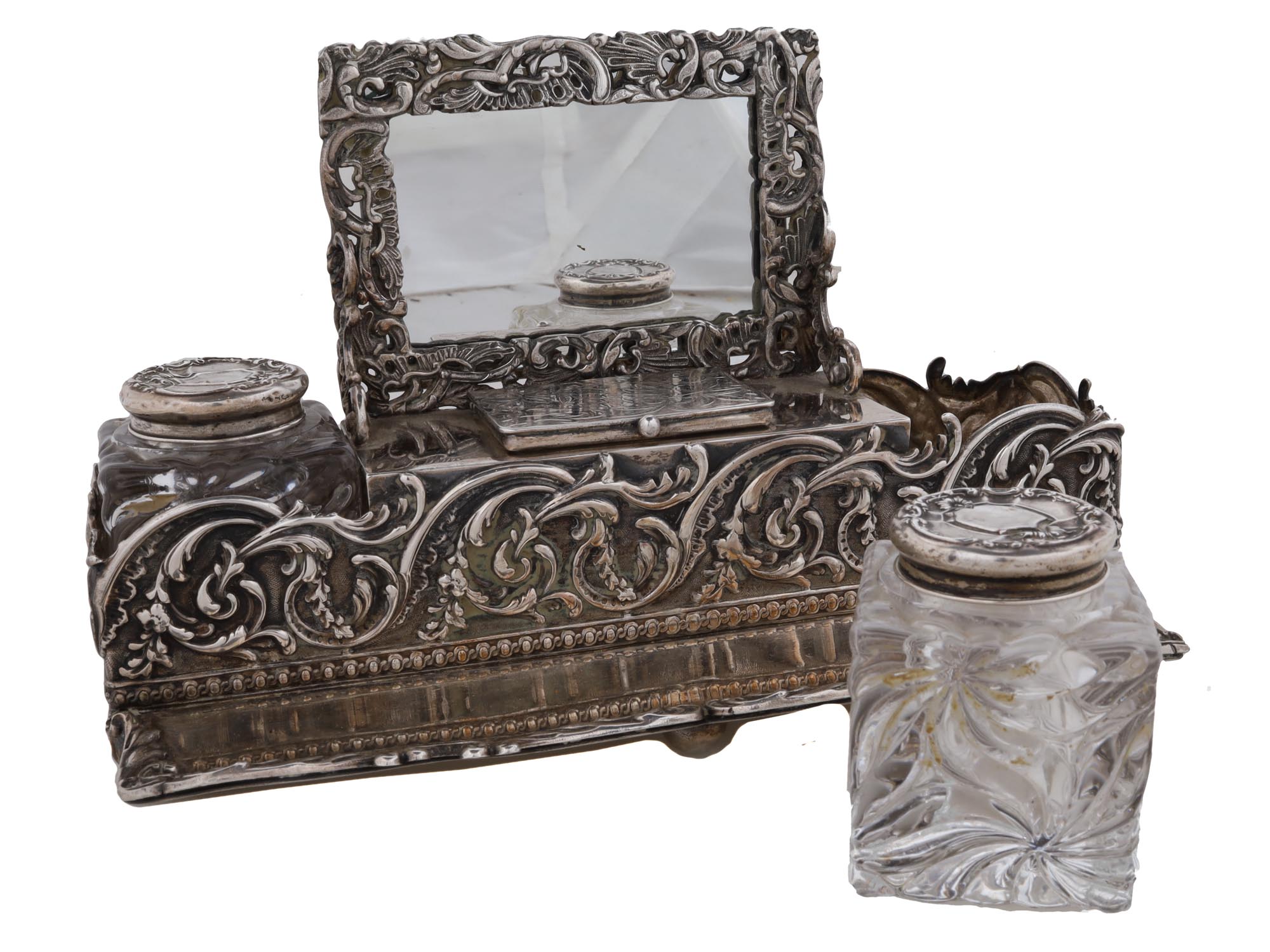 ANTIQUE SILVER AND GLASS INKWELL SET WITH MIRROR PIC-4